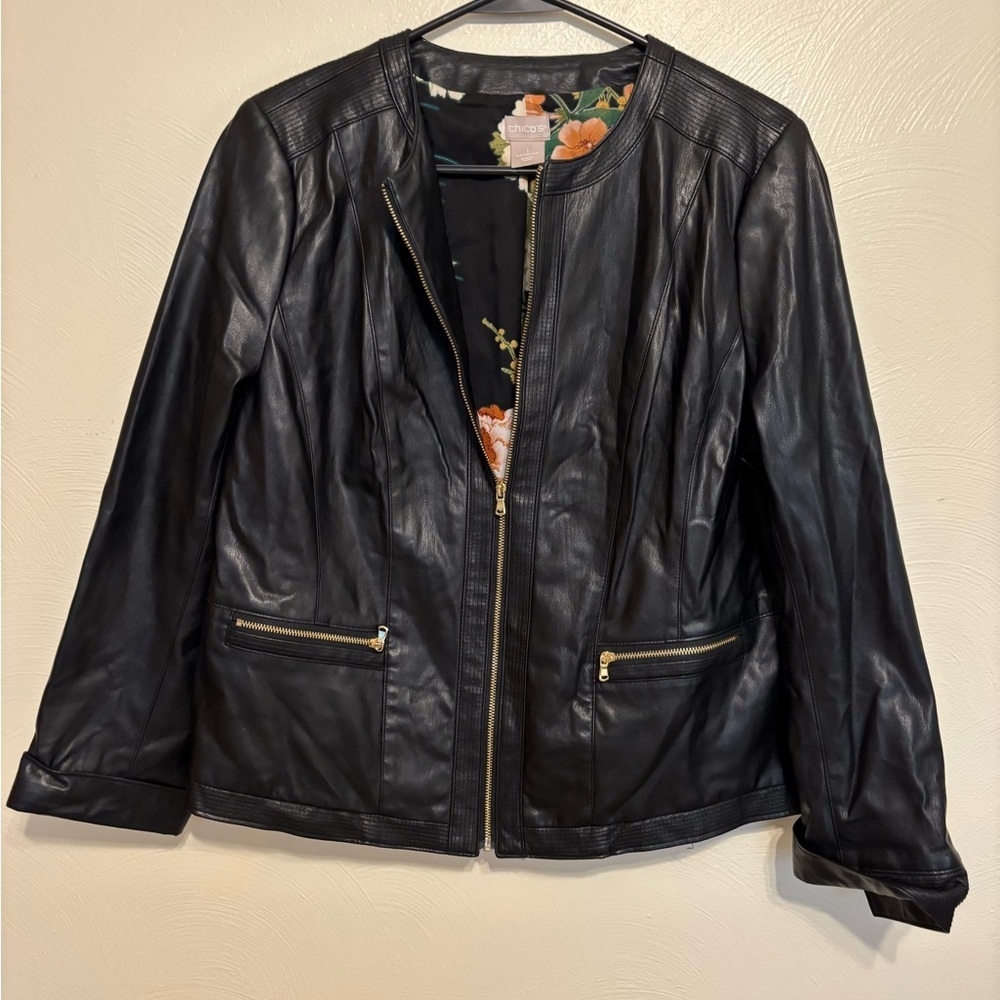 Chico’s Black Faux Leather Moto Jacket Floral Lining Size 1 (US 8/10)